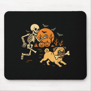 Funny Skeleton Chasing Pug Halloween Costume Dog Mouse Mat