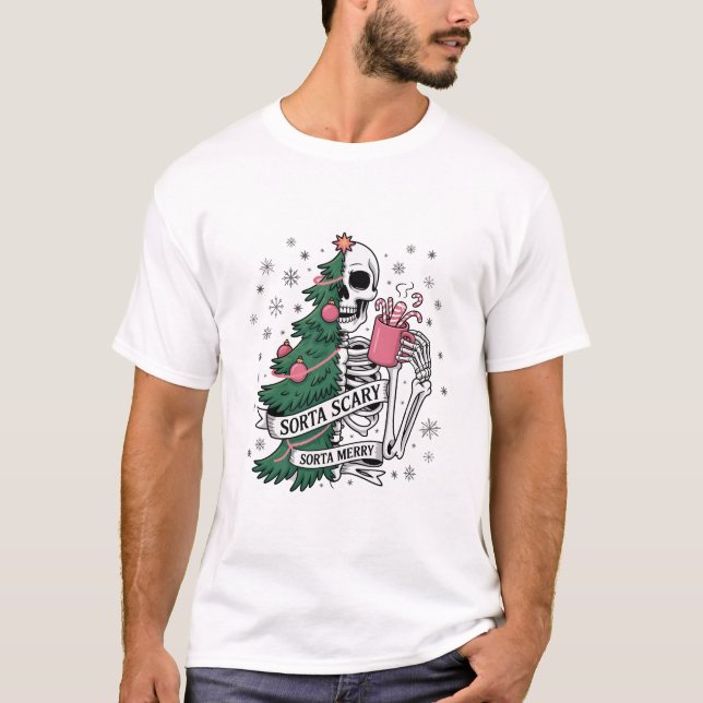 Funny Skeleton Christmas Sorta Merry Sorta Scary  T-Shirt (Front)
