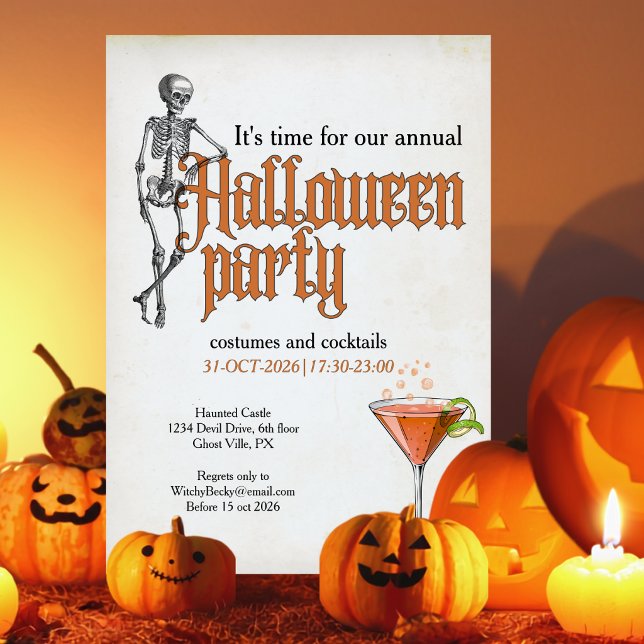 Funny Skeleton Cocktail Office Halloween Party Invitation (Creator Uploaded)