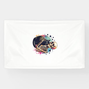 Funny Skeleton Cuddling With a Cat Watercolor Skul Banner