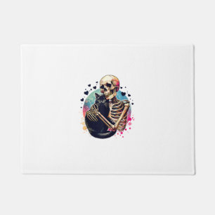 Funny Skeleton Cuddling With a Cat Watercolor Skul Doormat