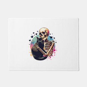 Funny Skeleton Cuddling With a Cat Watercolor Skul Doormat