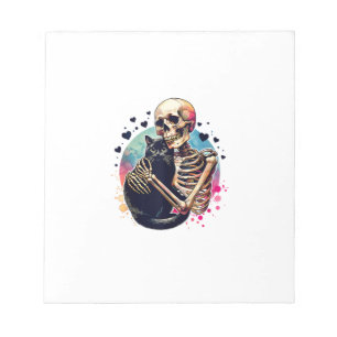 Funny Skeleton Cuddling With a Cat Watercolor Skul Notepad