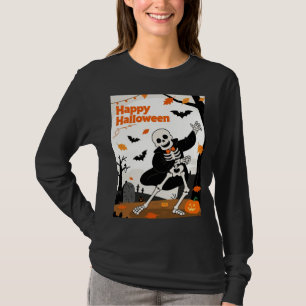 Funny Skeleton Dancing with "Happy Halloween" Bann T-Shirt