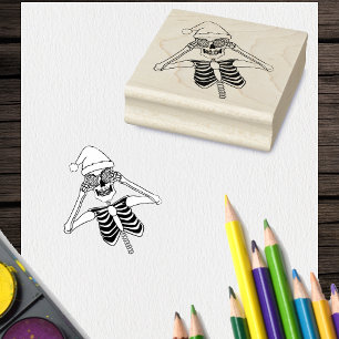 Funny Skeleton Drawing Holding ornaments Santa Hat Rubber Stamp