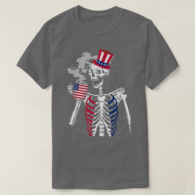 Funny Skeleton Drinking Coffee & American Flag 4th T-Shirt (Design Front)