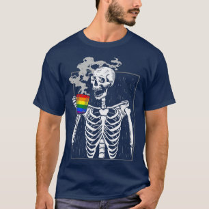Funny Skeleton Drinking Coffee Gay Pride Month LGB T-Shirt