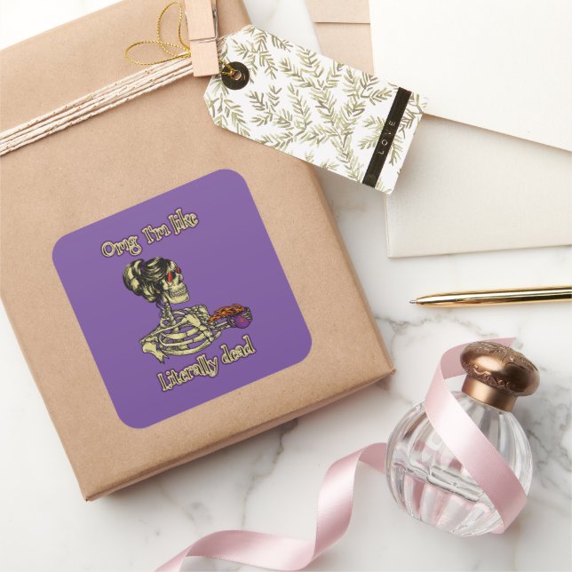 Funny Skeleton Drinking I'm literally Dead Coffee Square Sticker (Gifting)