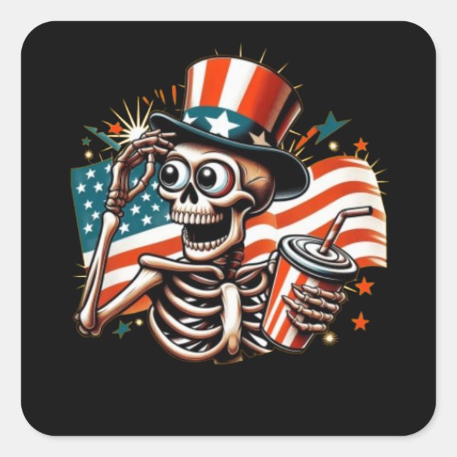 Funny Skeleton Drinking Square Sticker (Front)
