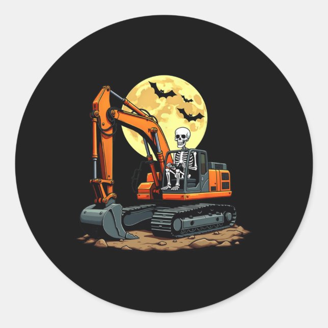 Funny Skeleton Driving Excavator Halloween Constru Classic Round Sticker (Front)