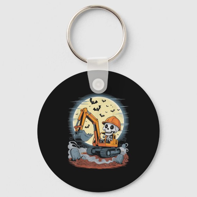 Funny Skeleton Driving Excavator Halloween Constru Key Ring (Front)