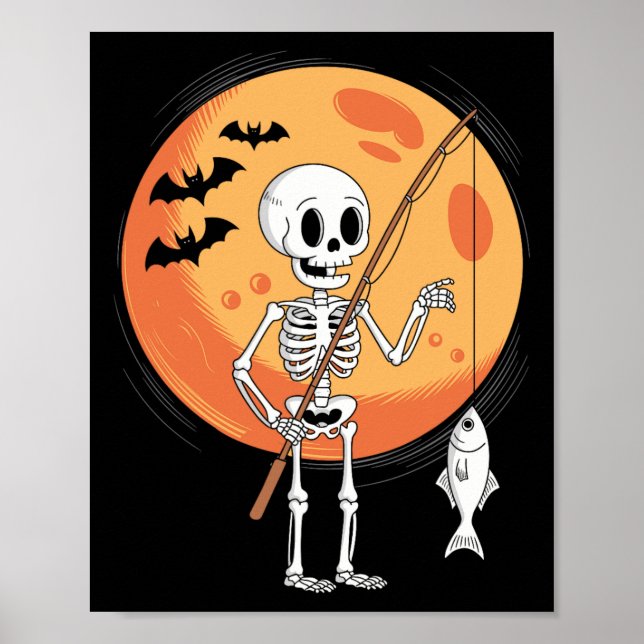Funny Skeleton Fishing Lovers Moon Spooky Hallowee Poster (Front)