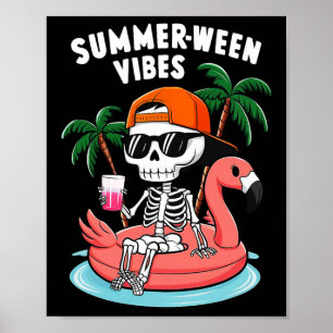 Funny Skeleton Flamingo Summerween Vibes Halloween Poster