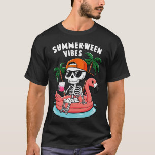 Funny Skeleton Flamingo Summerween Vibes Halloween T-Shirt
