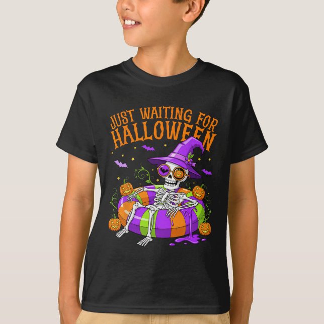 Funny Skeleton Float Just Waiting For Halloween Me T-Shirt (Front)