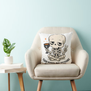 Funny Skeleton Good Bones Bad Decisions Halloween Cushion