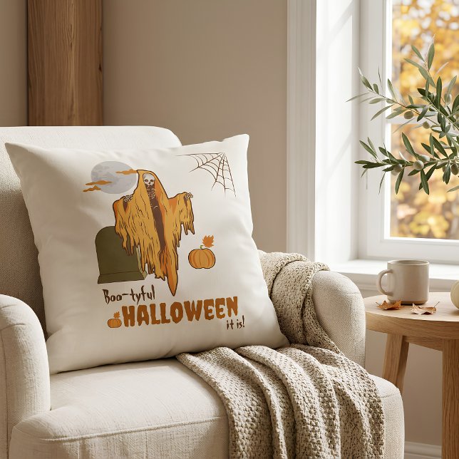 Funny Skeleton Halloween Throw Pillow (Creator Uploaded)
