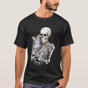 Funny Skeleton Hugging Cat Halloween Cat Mum Dad O T-Shirt