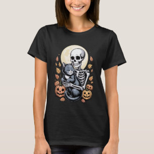 Funny Skeleton Hugging Cat Spooky Halloween Cat Lo T-Shirt