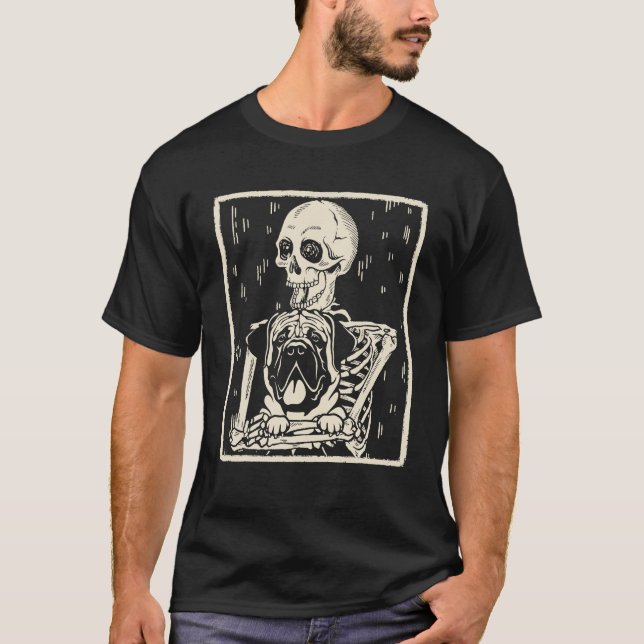 Funny Skeleton Hugs English Mastiff Dog Halloween T-Shirt (Front)