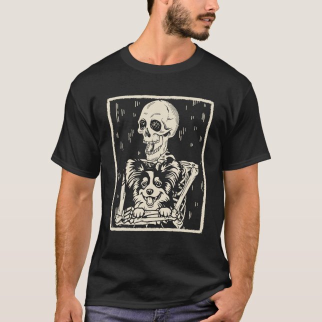 Funny Skeleton Hugs Papillon Dog Halloween Costume T-Shirt (Front)