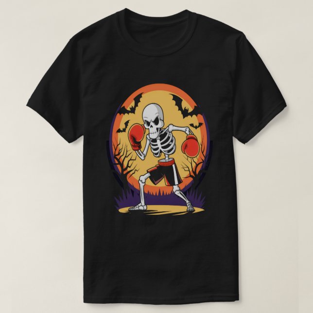 Funny Skeleton in Boxing Gloves-Spooky Halloween  T-Shirt (Design Front)