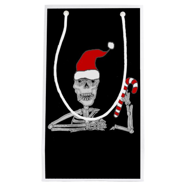 Funny Skeleton in Santa hat Christmas Small Gift Bag (Front)