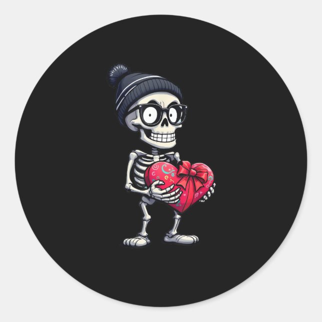 Funny Skeleton Men Women Skeleton Heart Valentines Classic Round Sticker (Front)