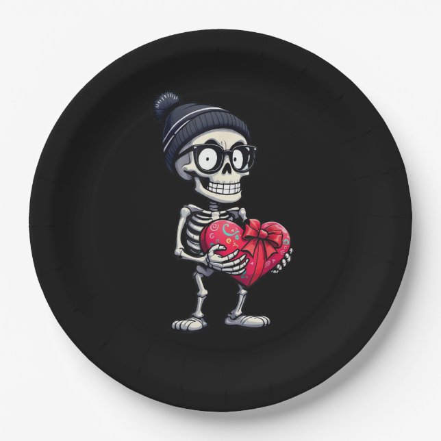 Funny Skeleton Men Women Skeleton Heart Valentines Paper Plate (Front)