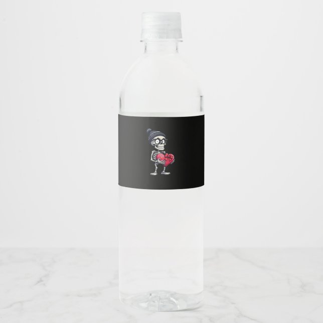 Funny Skeleton Men Women Skeleton Heart Valentines Water Bottle Label (Front)
