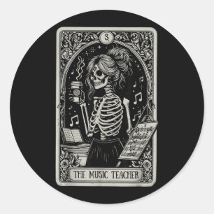 Funny Skeleton Music Teacher Tarot Card Halloween Classic Round Sticker
