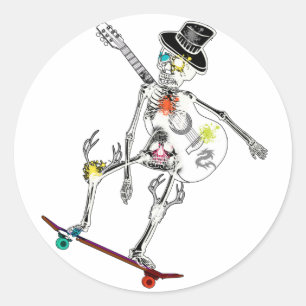 funny skeleton on skateboard and guitar design classic round sticker