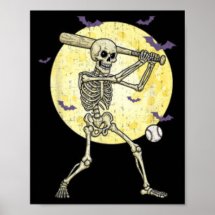 Funny Skeleton Playing Baseball Funny Halloween Me Poster