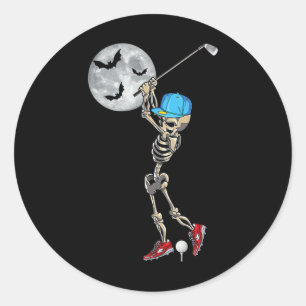 Funny Skeleton Playing Golf Golfing Happy Hallowee Classic Round Sticker