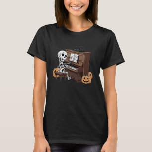 Funny Skeleton Playing Piano With Cat Halloween T-Shirt