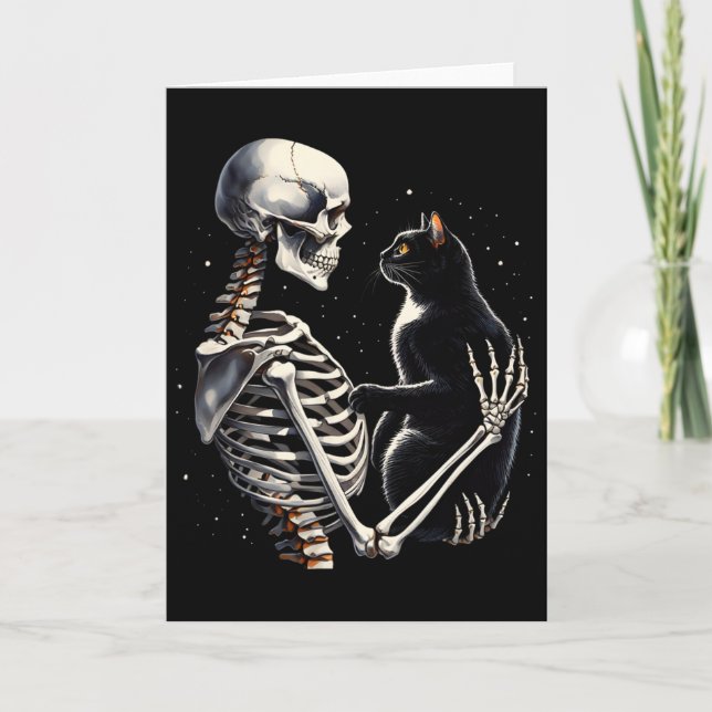 Funny Skeleton Playing With A Cat Graphic Skull Ca Card (Front)