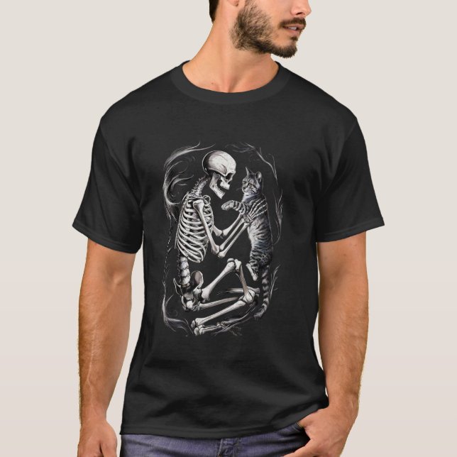 Funny Skeleton Playing With a Cat Graphic Skull Ca T-Shirt (Front)