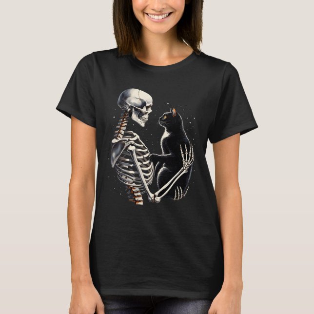 Funny Skeleton Playing With A Cat Graphic Skull Ca T-Shirt (Front)