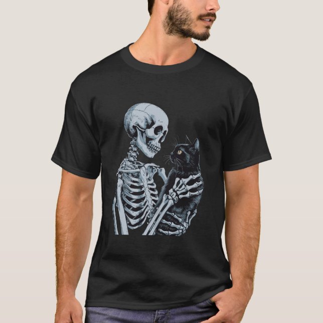 Funny Skeleton playing with a cat Graphic Skull Ca T-Shirt (Front)