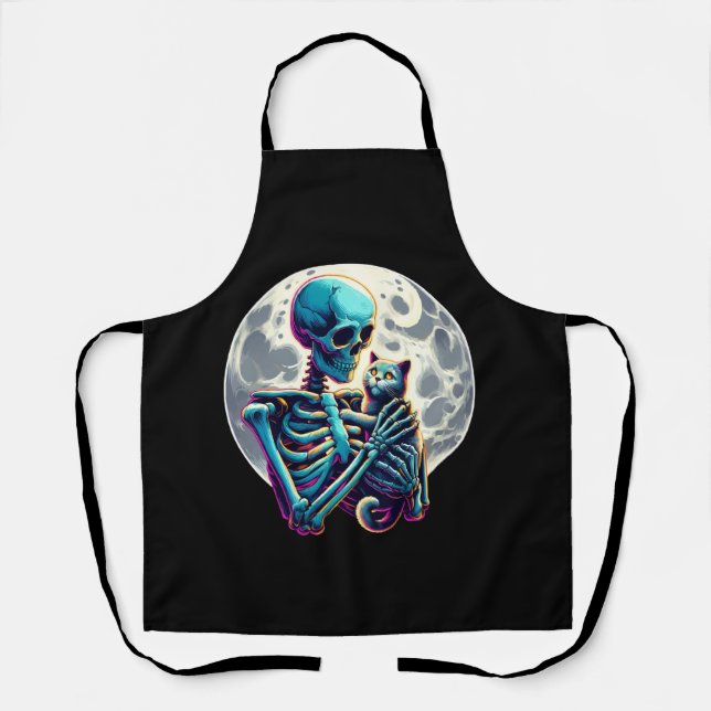 Funny Skeleton playing with A Cute Cat Skull Hallo Apron (Front)