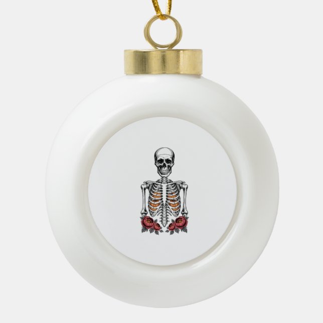 Funny Skeleton Pumpkin Fall Ceramic Ball Christmas Ornament (Front)