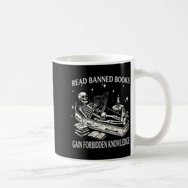 Funny Skeleton Read Banned Books Gain Forbidden Kn Coffee Mug (Right)