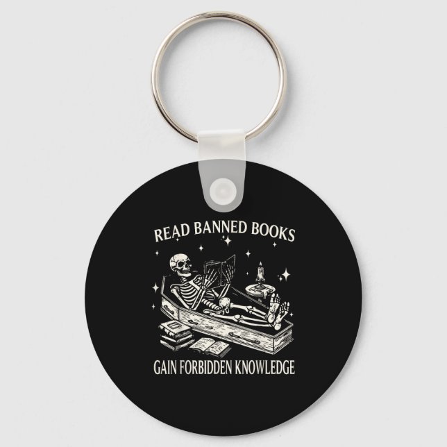 Funny Skeleton Read Banned Books Gain Forbidden Kn Key Ring (Front)