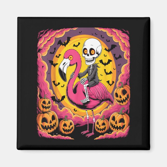 Funny Skeleton Riding Flamingo Halloween Spooky Magnet (Front)