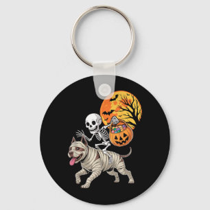 Funny Skeleton Riding Mummy Pitbull Dog Women Men Key Ring