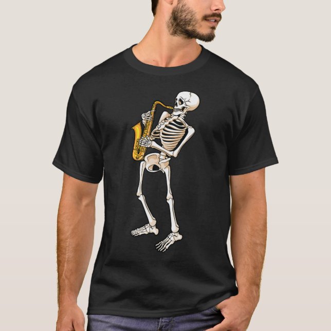 Funny Skeleton Saxophone Gift  Cute Halloween Cost T-Shirt (Front)