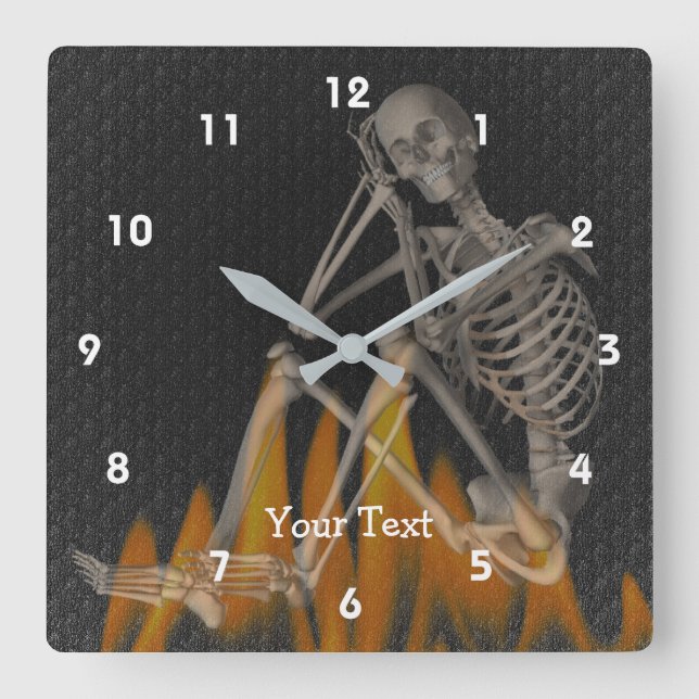 Funny Skeleton Sitting In Flames Personalised Square Wall Clock (Front)