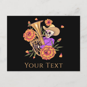 Funny Skeleton Skull Musician Floral Day Of Dead   Holiday Postcard