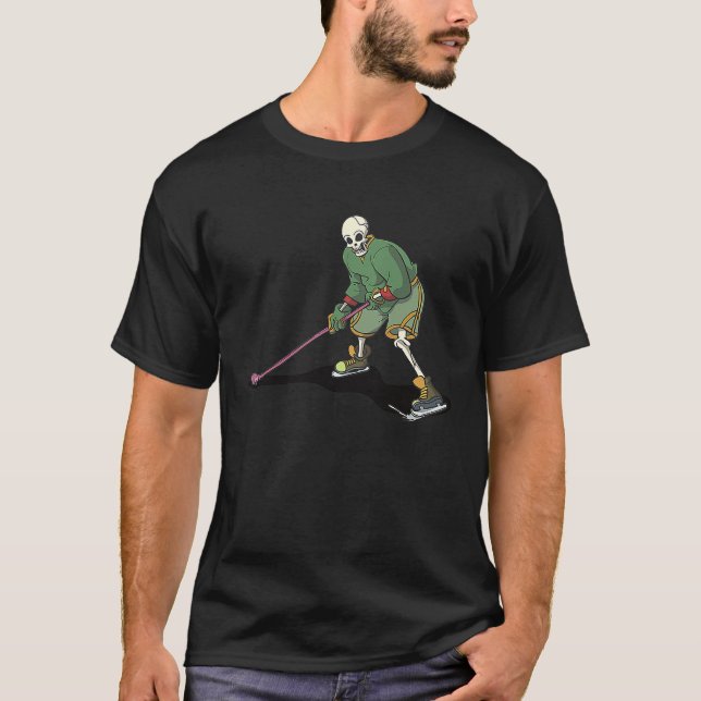 Funny Skeleton Skull Playing Ice Hockey At Hallowe T-Shirt (Front)