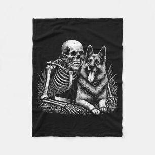 Funny Skeleton Skull With German Shepherd Dog Fleece Blanket